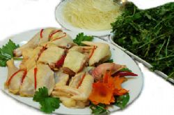 Ingredients for a chicken steam boat (hot pot): herbal plant Artemisia vulgaris Linn, chicken, noodle.